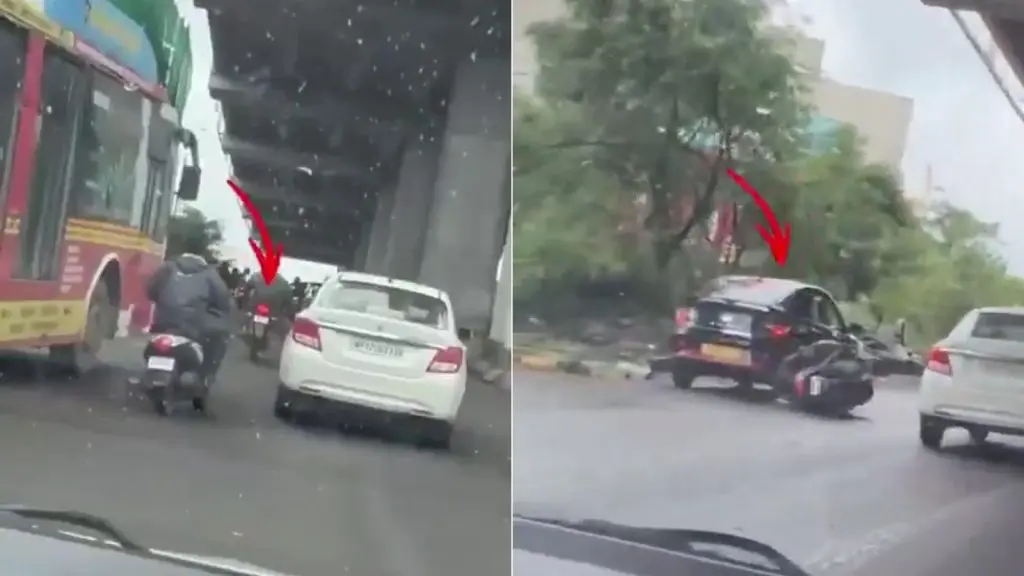 A side-by-side split image showing a road rage incident on a multi-lane city street beneath an elevated metro structure. The left frame shows a white Maruti Suzuki Dzire sedan next to a PMPML public bus, with a red arrow pointing out a motorcyclist riding closely alongside the car's driver-side window. The right frame shows the immediate aftermath, where the motorcycle has crashed onto the road next to a black parked car on the shoulder, highlighted by another red arrow.
