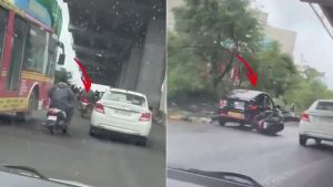 A side-by-side split image showing a road rage incident on a multi-lane city street beneath an elevated metro structure. The left frame shows a white Maruti Suzuki Dzire sedan next to a PMPML public bus, with a red arrow pointing out a motorcyclist riding closely alongside the car's driver-side window. The right frame shows the immediate aftermath, where the motorcycle has crashed onto the road next to a black parked car on the shoulder, highlighted by another red arrow.