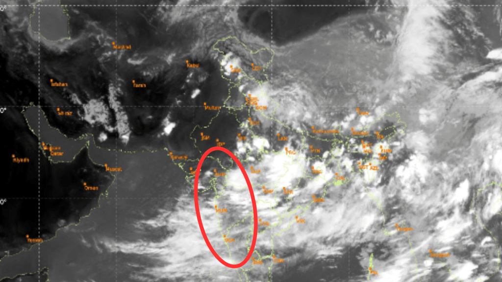 A satellite image showing cloud cover over Indian Peninsula with thick monsoon clouds over the Indian West Coast