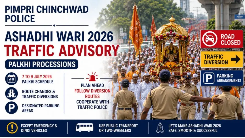 Ashadhi Wari 2026 Palkhi procession with Maharashtra Police managing traffic and road diversions in Pimpri Chinchwad during Sant Tukaram Maharaj and Sant Dnyaneshwar Maharaj Palkhi route.