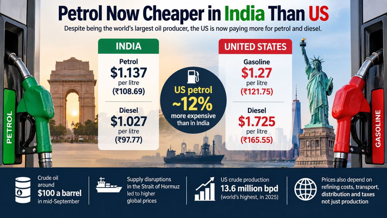 Infographic comparing petrol and diesel prices in India and the US, showing petrol at ₹108.69 per litre in India versus ₹121.75 in the US.
